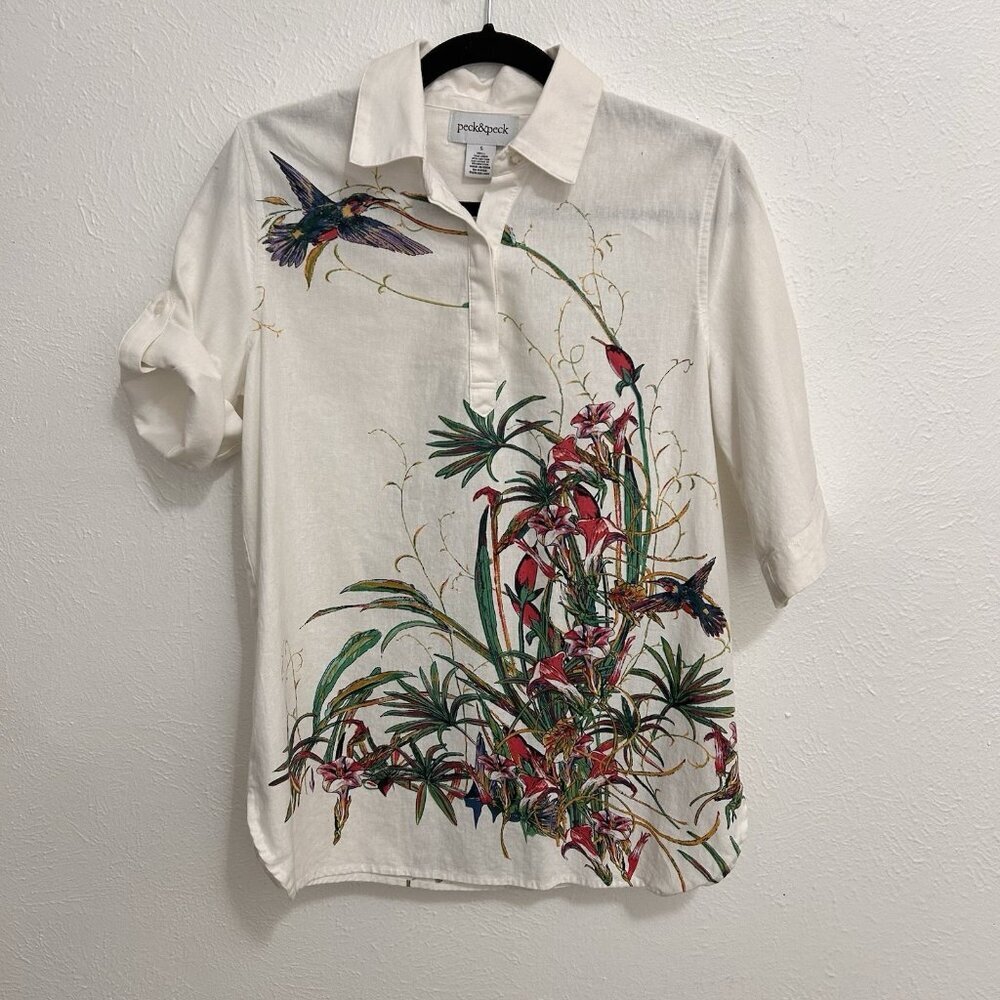 Peck & Peck Ivory White Linen Popover Top Shirt‎ Floral Hummingbirds Nature Sz S